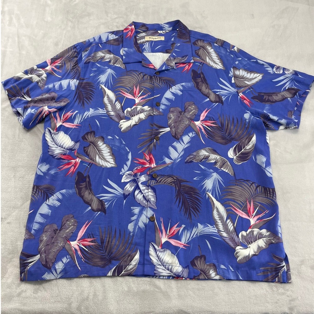 Tommy Bahama Camp Silk Shirt Men 2XL Purple Floral Side Slit Wooden Button